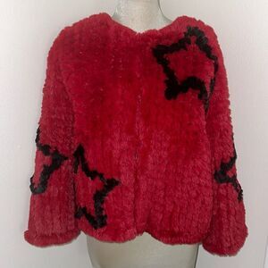 Belle Vere red faux fur jacket black star large L